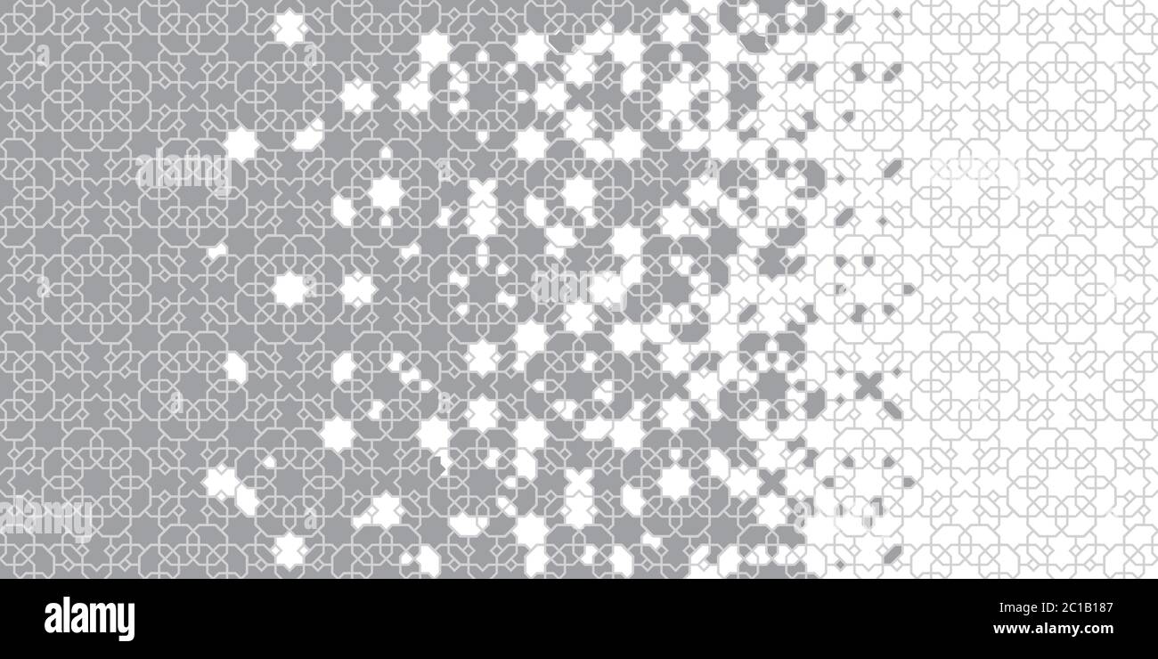 Bordo grigio a mezzitoni. Motivo di mezzitoni geometrico con disintegrazione arabesca grigia.modello vettoriale affiancata Illustrazione Vettoriale