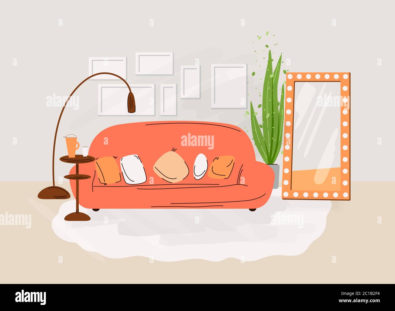 Interno del soggiorno. Illustrazione di un appartamento vettoriale con disegno di una stanza accogliente con divano, tavolo, scaffali con libri, piante e accessori di decorazione Illustrazione Vettoriale