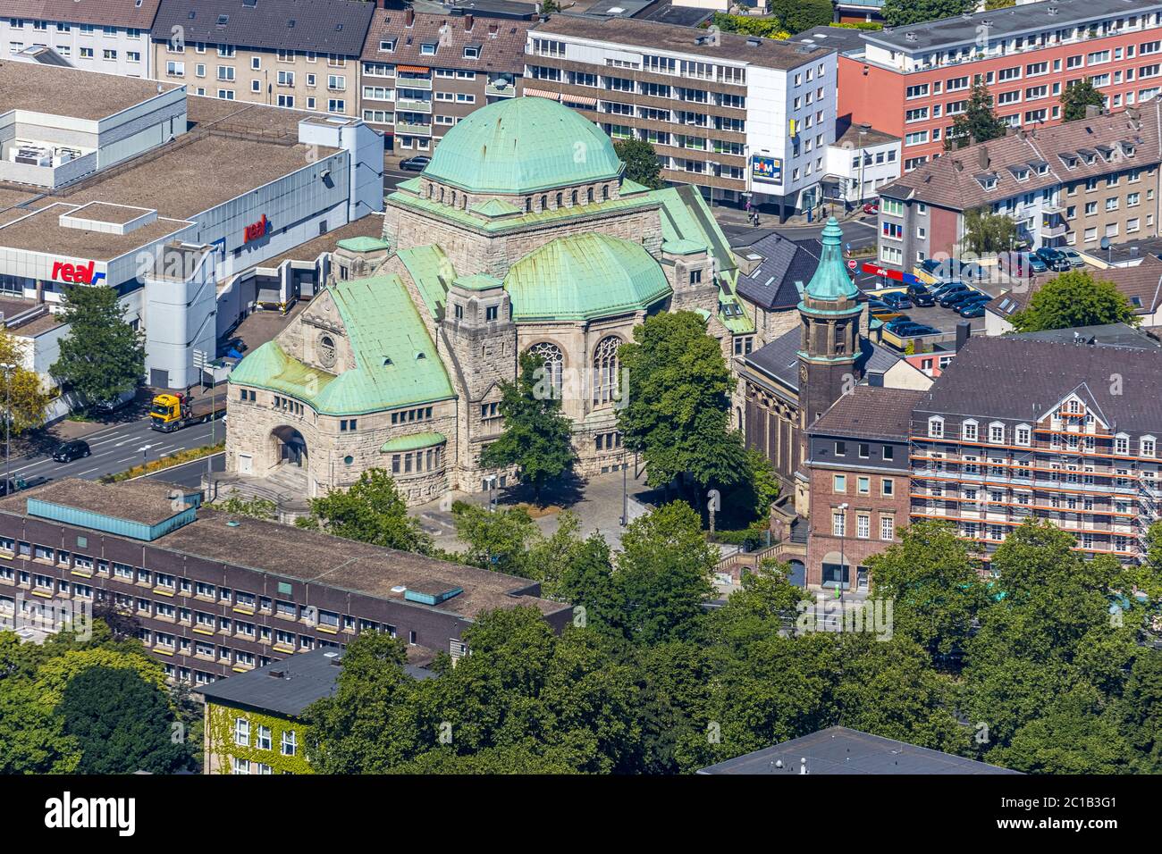 Fotografia aerea, Sinagoga Vecchia, Edmund-Körner-Platz, Essen, zona della Ruhr, Renania Settentrionale-Vestfalia, Germania, DE, Europa, Casa della Cultura Ebraica, Cultura Foto Stock