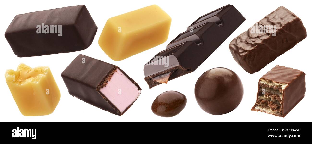 Collezione di cioccolatini, diverse caramelle isolate su sfondo bianco Foto Stock