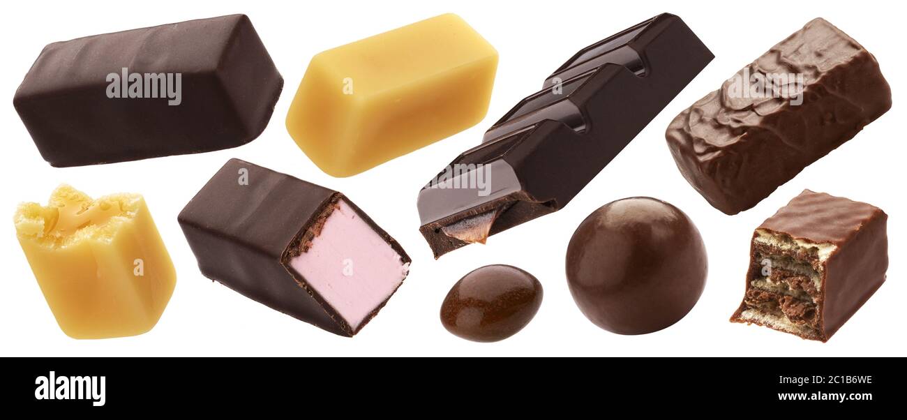Collezione di cioccolatini, diverse caramelle isolate su sfondo bianco Foto Stock Collezione di cioccolatini, diverse caramelle isolate su sfondo bianco Foto Stock