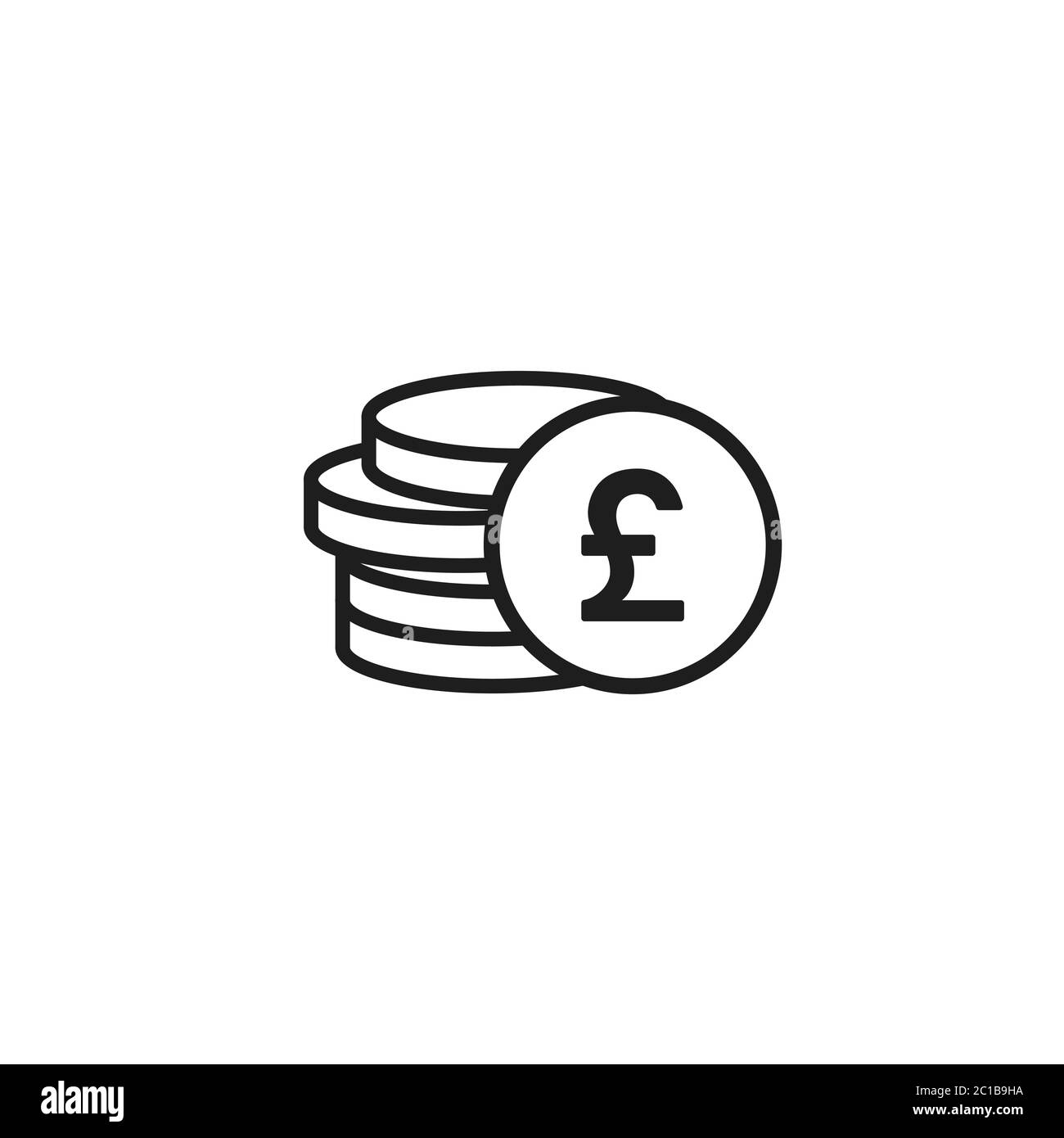 Pila di sterline monete con moneta davanti ad esso. Icona nera piatta. Isolato su bianco. Pittogramma economia, finanza, denaro. Simbolo della ricchezza. Vettore i Illustrazione Vettoriale