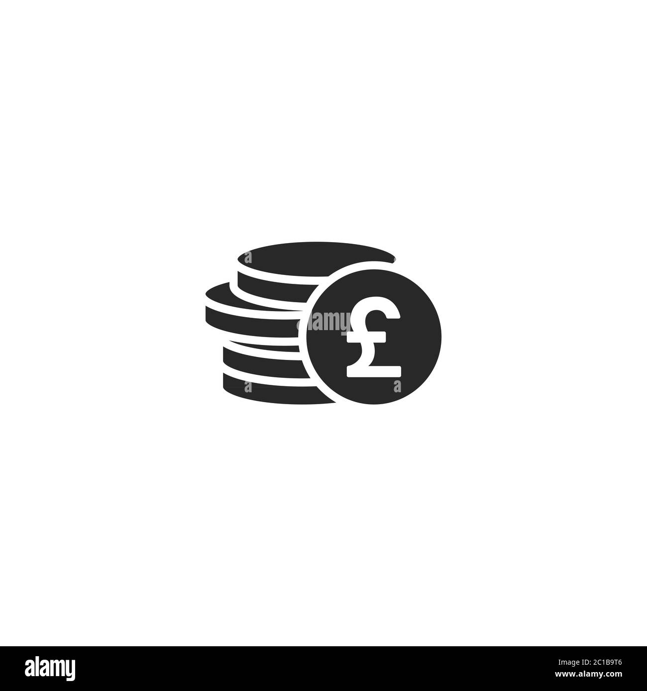Pila di sterline monete con moneta davanti ad esso. Icona nera piatta. Isolato su bianco. Pittogramma economia, finanza, denaro. Simbolo della ricchezza. Vettore i Illustrazione Vettoriale