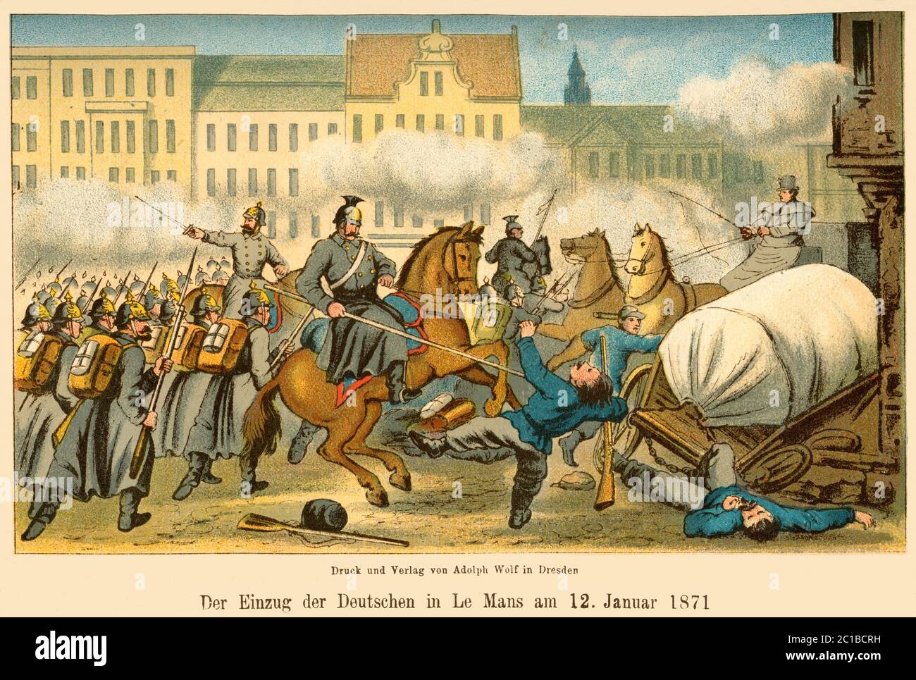 Europa, Deutschland, Frankreich, le Mans, Deutsch-Französischer Krieg , 1870-1871, Originaltext : ' Der Einzug der Deutschen in le Mans am 12. Januar 1871 ' , Motiv aus dem Buch : ' Die Kriegs-Chronik von 1870-1871 ' von Franz Lubojatzky , Druck und Verlag von Adolph Wolf, Dresden, 1874 ? . / Europa, Germania, Francia, le Mans , guerra franco-prussion , 1870-1871 , testo originale ' il tedesco si sposta in le Mans il 12. 01. 1871', immagine del libro: ' Die Kriegs-Chronik von 1870-1871' (Cronaca della guerra), di Franz Lubojatzky, casa editrice Adolph Wolf, Dresda, 1874 ? . Foto Stock