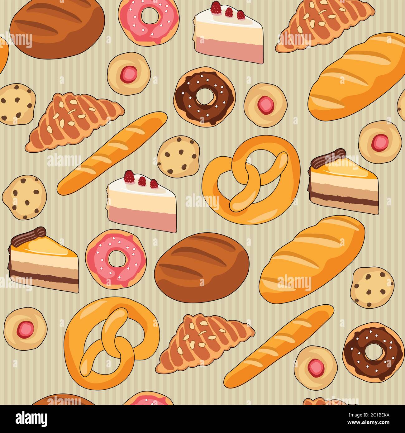 Modello da forno senza cuciture con ciambelle, torte, biscotti, croissant e pane fatti a mano Illustrazione Vettoriale