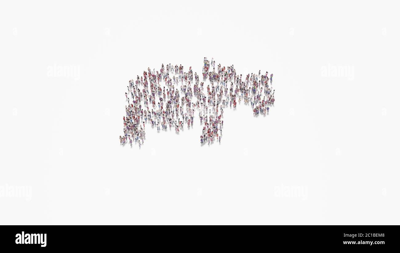 rendering 3d di folla di persone diverse in forma di simbolo di ippopotamo da profilo su sfondo bianco isolato Foto Stock