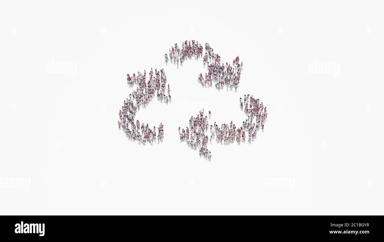 rendering 3d di folla di persone diverse a forma di simbolo di simbolo di frecce triangolo di riciclo su sfondo bianco isolato Foto Stock