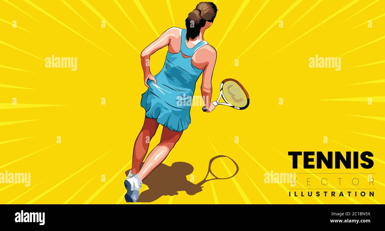 Vista posteriore il ritratto di una donna che gioca a tennis all'aperto Illustrazione Vettoriale