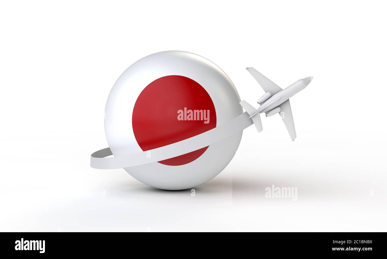 Viaggio in Giappone concetto. Aereo che vola intorno alla bandiera. Rendering 3D. Foto Stock Viaggio in Giappone concetto. Aereo che vola intorno alla bandiera. Rendering 3D. Foto Stock