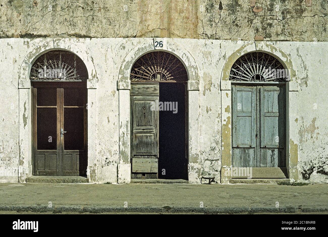 Illustrazione fotografica  una fila di tre porte ad arco su una strada in Corsica. Molto grafico, molto bygones Foto Stock