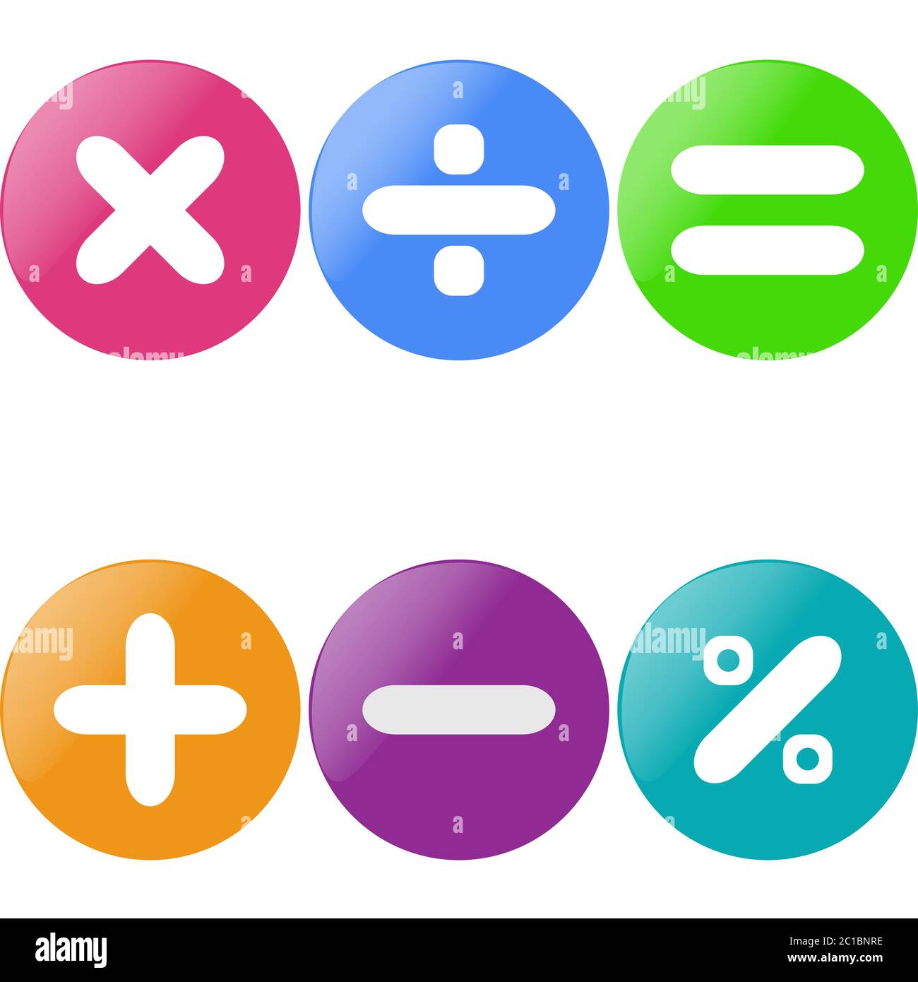 Pulsanti colorati lucidi con segno matematico con ombra esterna. Illustrazione Vettoriale