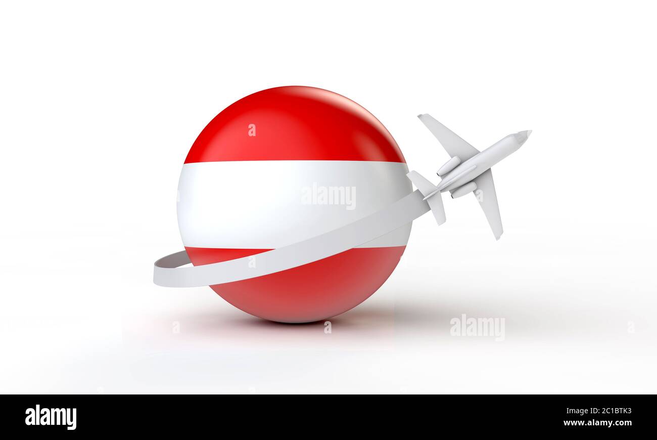 Viaggio in Austria Concept. Aereo che vola intorno alla bandiera. Rendering 3D. Foto Stock