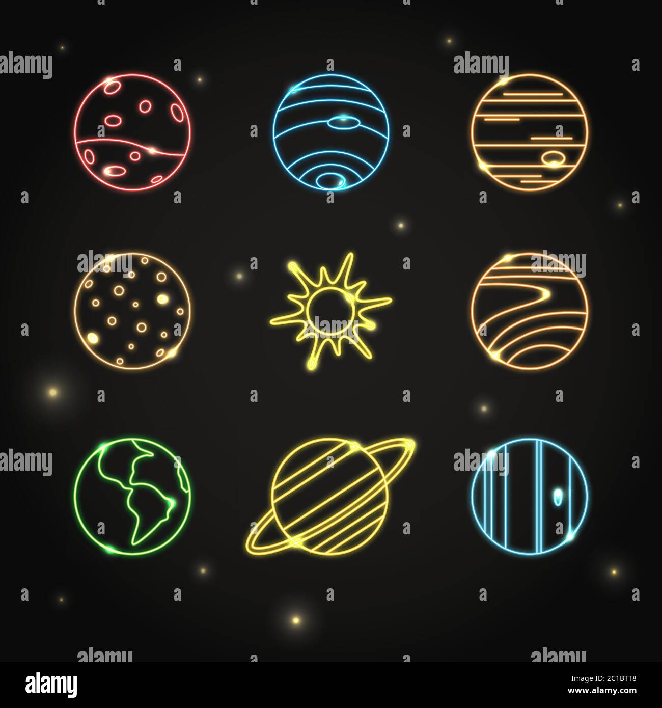 Collezione di pianeti e icone solari in stile sottile. Simboli colorati degli oggetti spaziali su sfondo scuro. Illustrazione Vettoriale