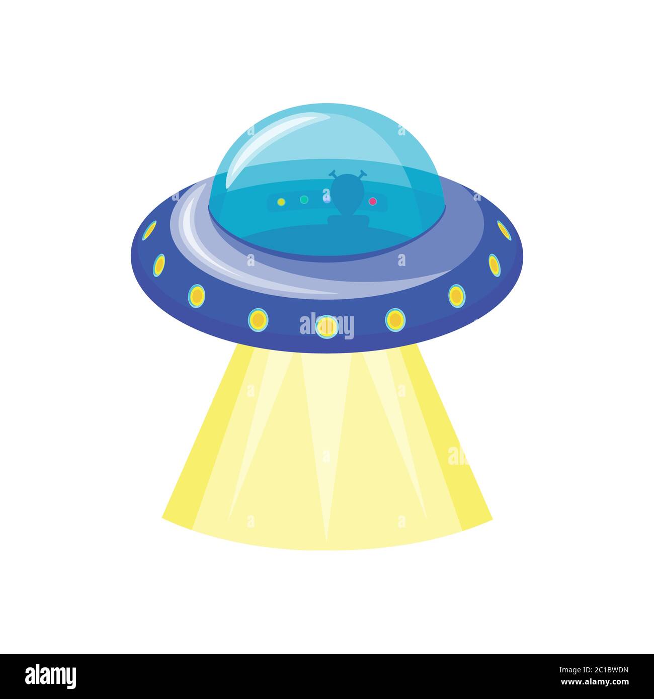 Icona della navicella spaziale UFO. Piatto volante con alieni all'interno. Simbolo di civiltà extraterrestre isolato su sfondo bianco. Illustrazione Vettoriale