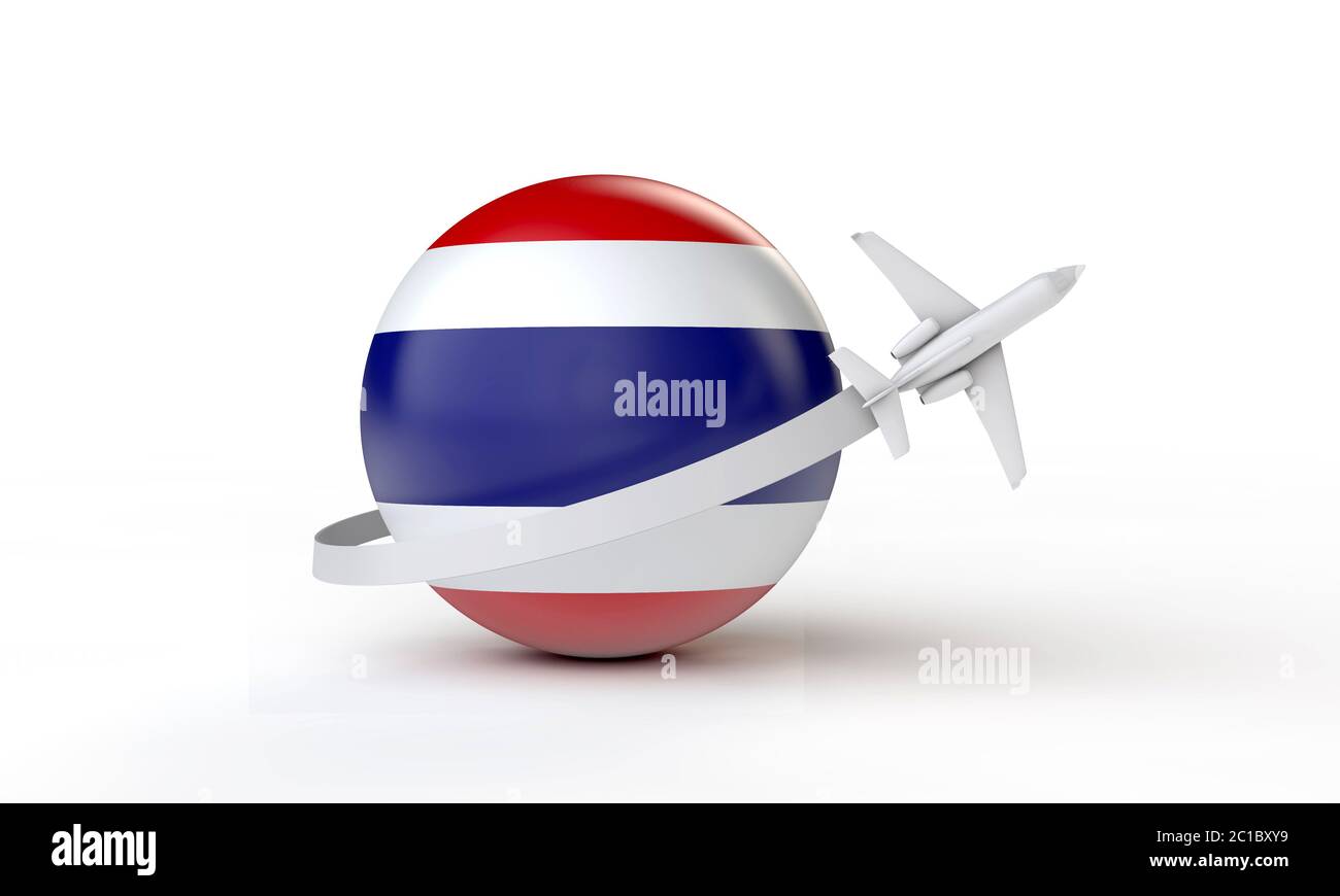 Viaggio in Thailandia concetto. Aereo che vola intorno alla bandiera. Rendering 3D. Foto Stock
