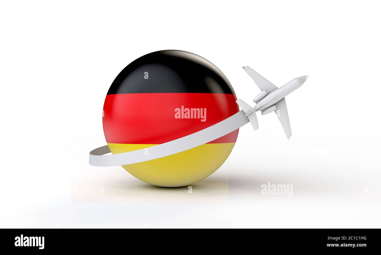 Viaggio in Germania concetto. Aereo che vola intorno alla bandiera. Rendering 3D. Foto Stock