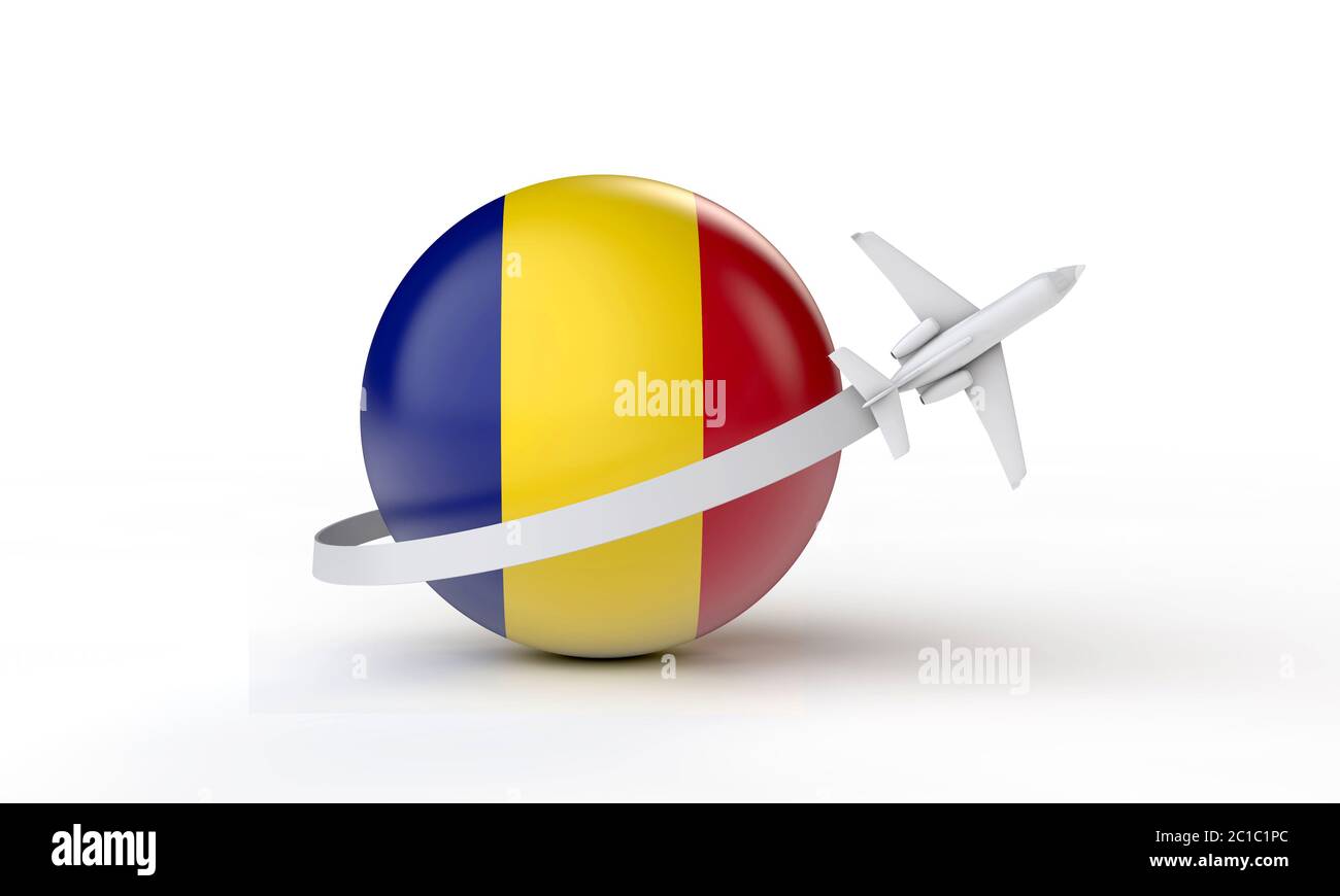 Viaggio in Romania Concept. Aereo che vola intorno alla bandiera. Rendering 3D. Foto Stock