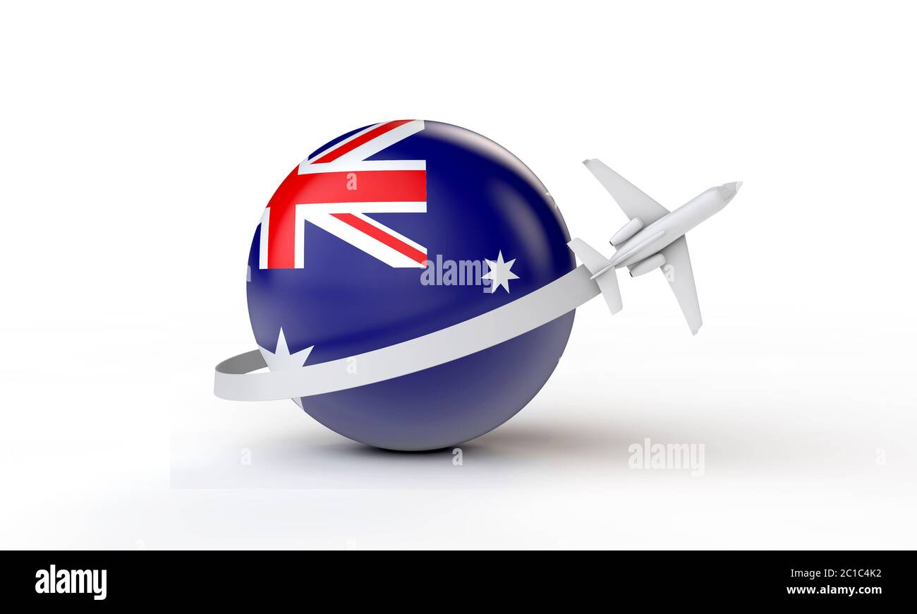 Viaggio in Australia Concept. Aereo che vola intorno alla bandiera. Rendering 3D. Foto Stock