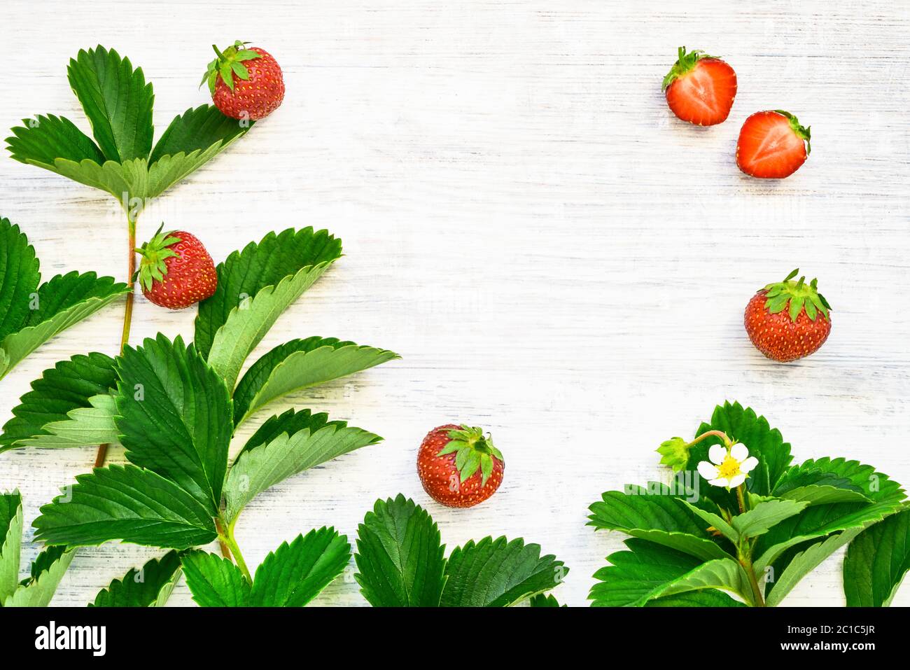 Sfondo estivo. Bacche, fiori e foglie di fragole su sfondo bianco di legno. Vista dall'alto, spazio di copia per il testo. Foto Stock