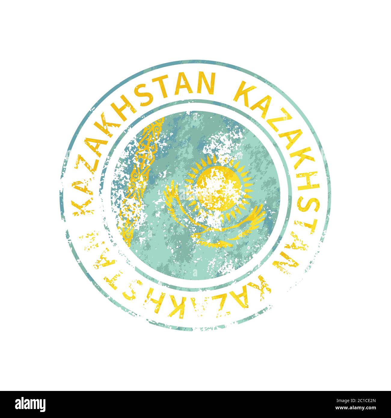 Kazakhstan segno, vintage grunge imprint con bandiera su bianco Illustrazione Vettoriale