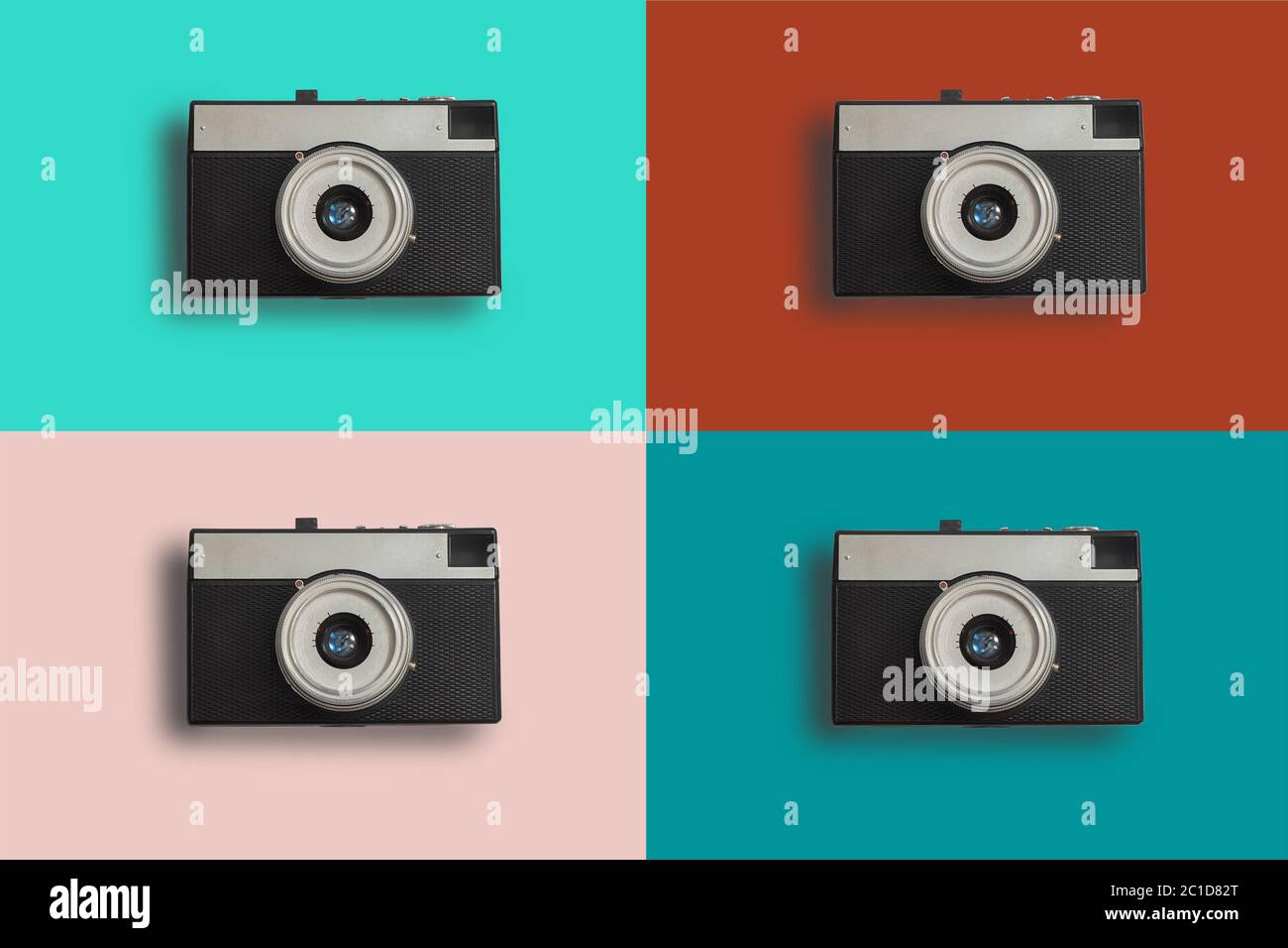 Collage colorato con fotocamere vintage retrò Foto Stock