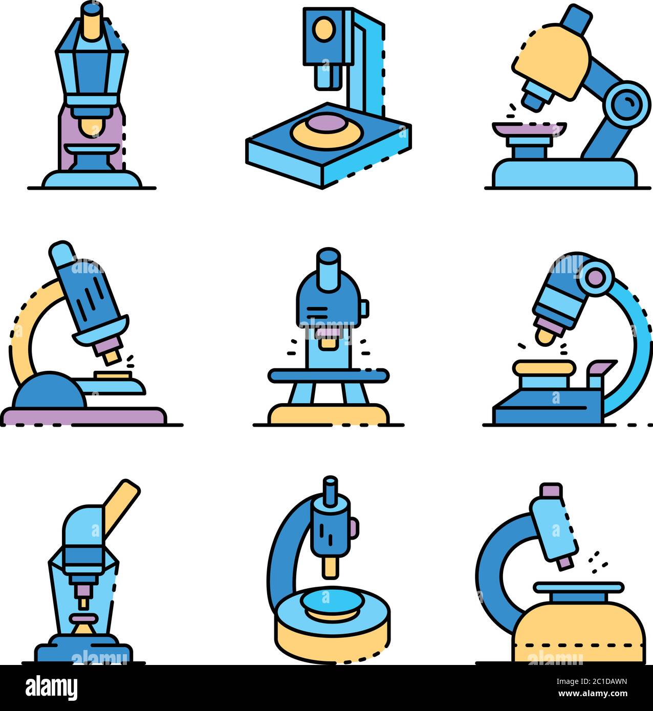 Le icone del microscopio impostano il vettore del colore della linea Illustrazione Vettoriale