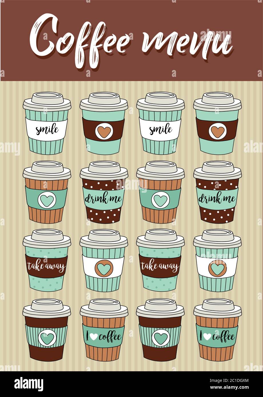 Menu caffè, illustrazione vettoriale con carine tazze di carta disegnate a mano Illustrazione Vettoriale