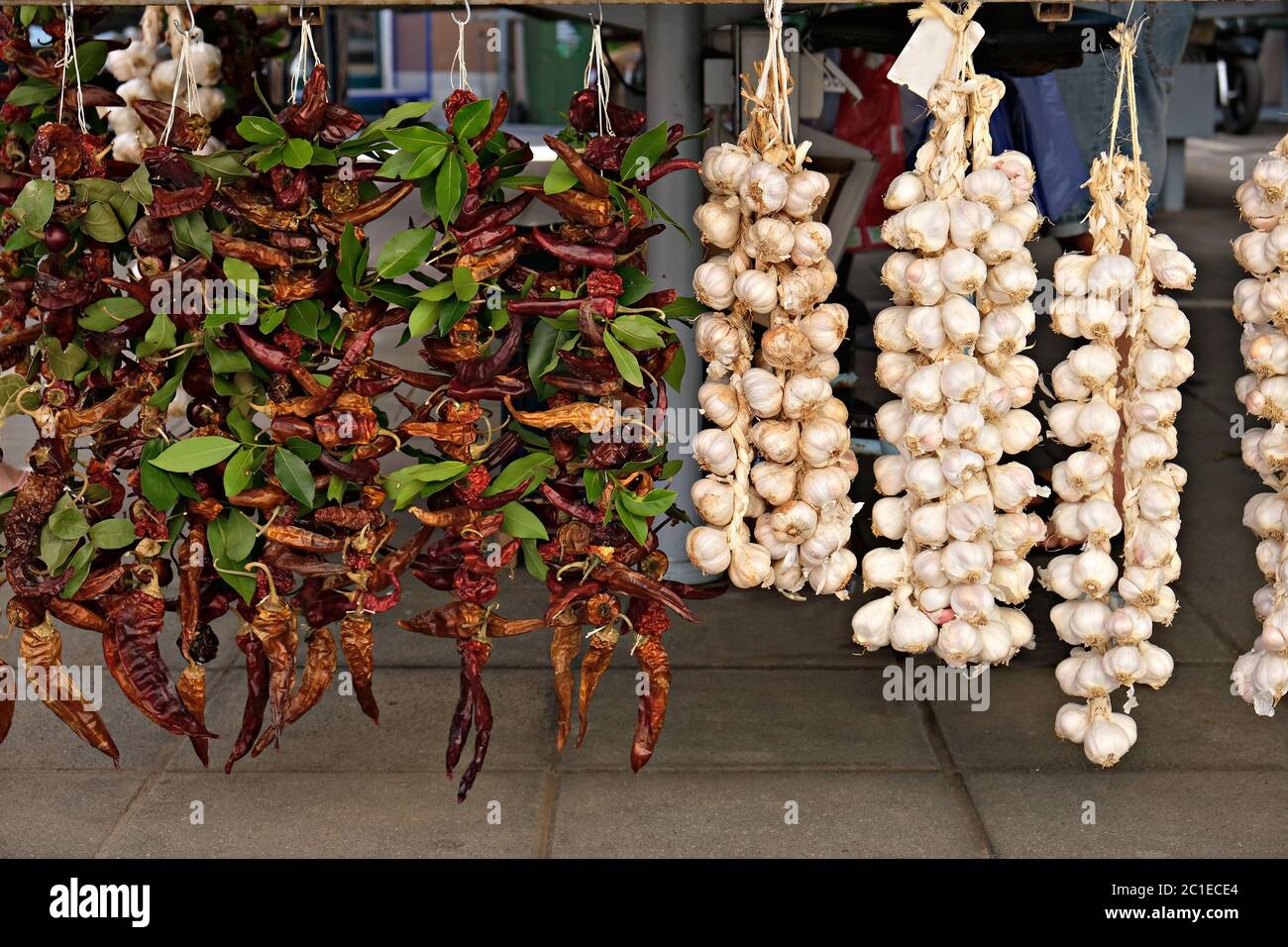 Trecce di peperoncini rossi e teste d'aglio sul mercato di Rovigno Foto Stock