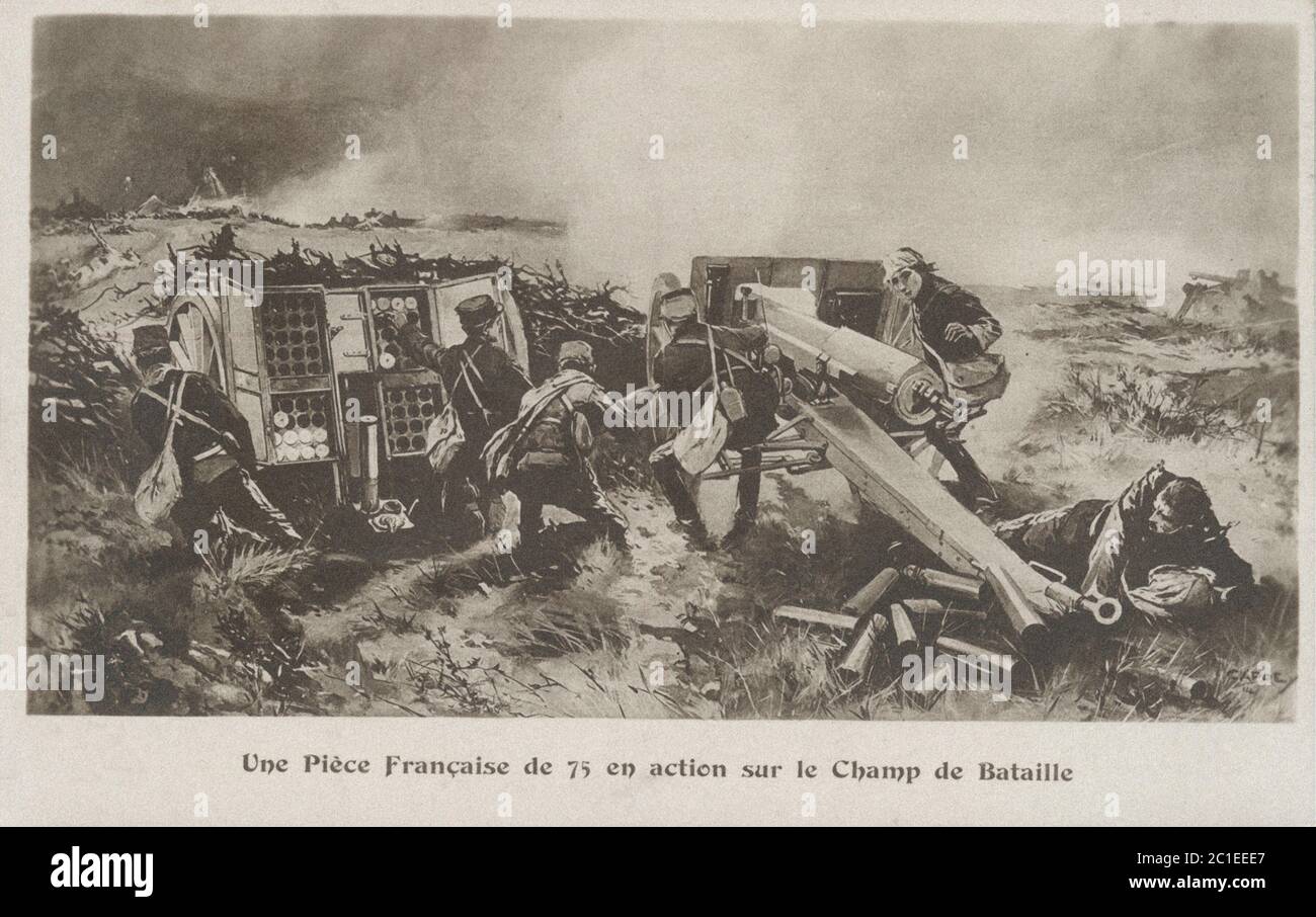 La prima guerra mondiale. Una pistola francese da 75 mm in azione sul campo di battaglia. Foto Stock