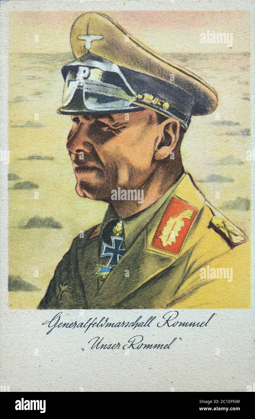Cartolina tedesca di Johannes Erwin Eugen Rommel (1891 – 1944), generale e teorico militare tedesco. Popolarmente conosciuto come la volpe del deserto, ha servito come Foto Stock
