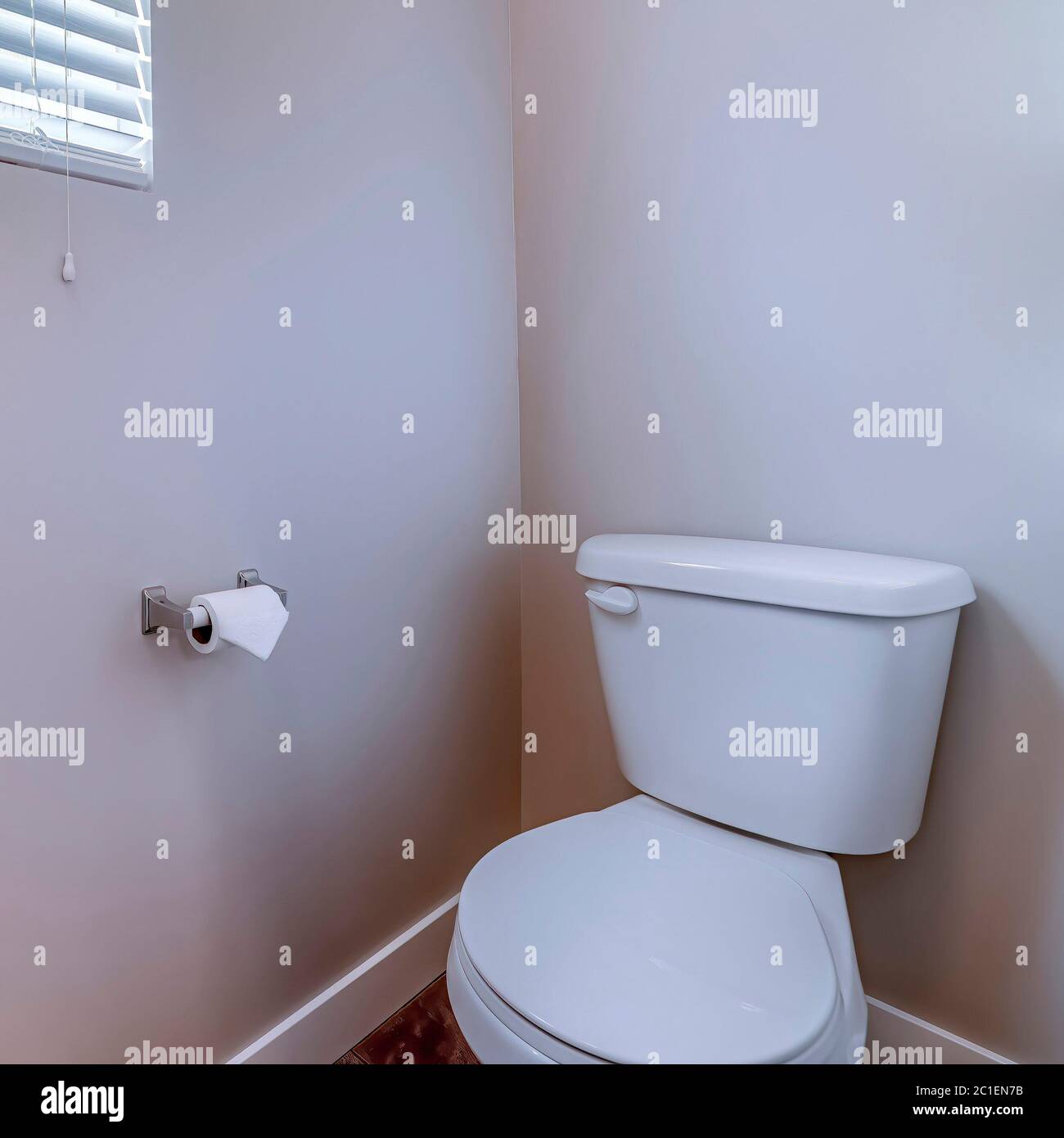 WC quadrato all'angolo di un bagno contro la parete grigia con