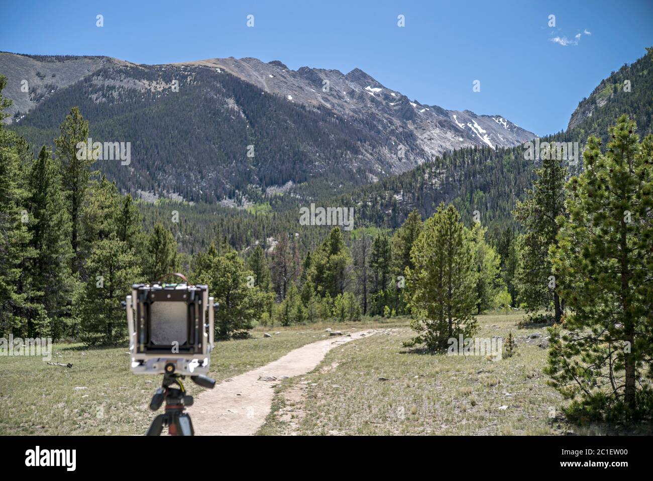 Telecamera a film PLA 4X5 stampata Gibellini Proxima 3-D in uso in campo aperto con Colorado 13er Mt White in background Foto Stock