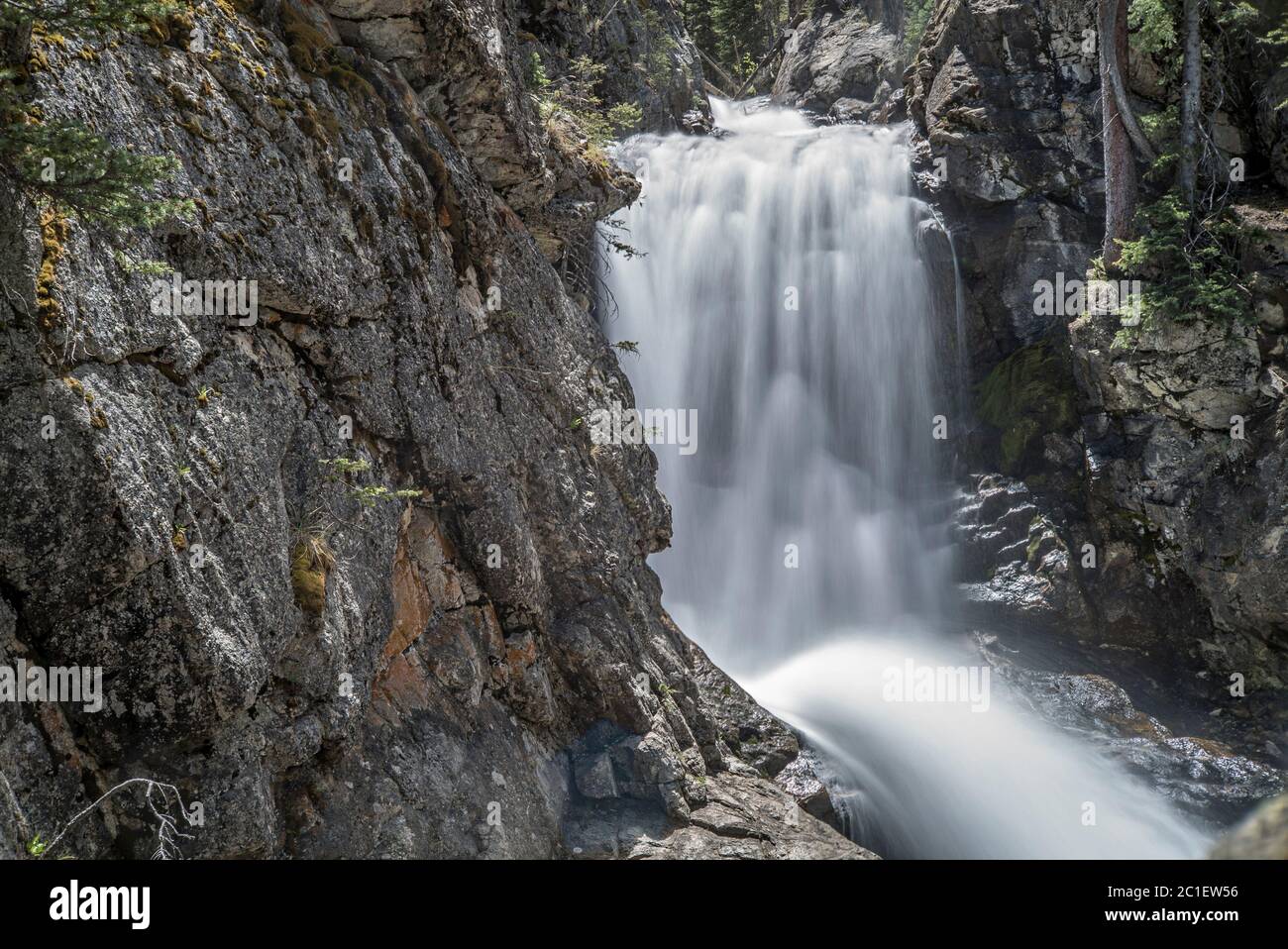 Brown's Creek Waterfall esposizione lunga con acqua sfocata movimento e cascata di acqua sulle rocce in Colorado Foto Stock