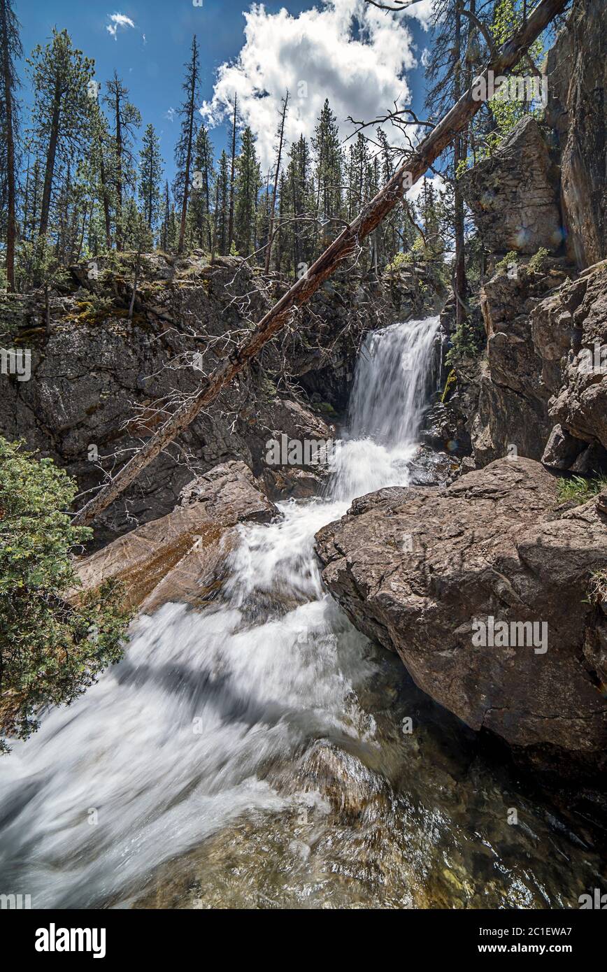 Brown's Creek Waterfall esposizione lunga con acqua sfocata movimento e cascata di acqua sulle rocce in Colorado Foto Stock