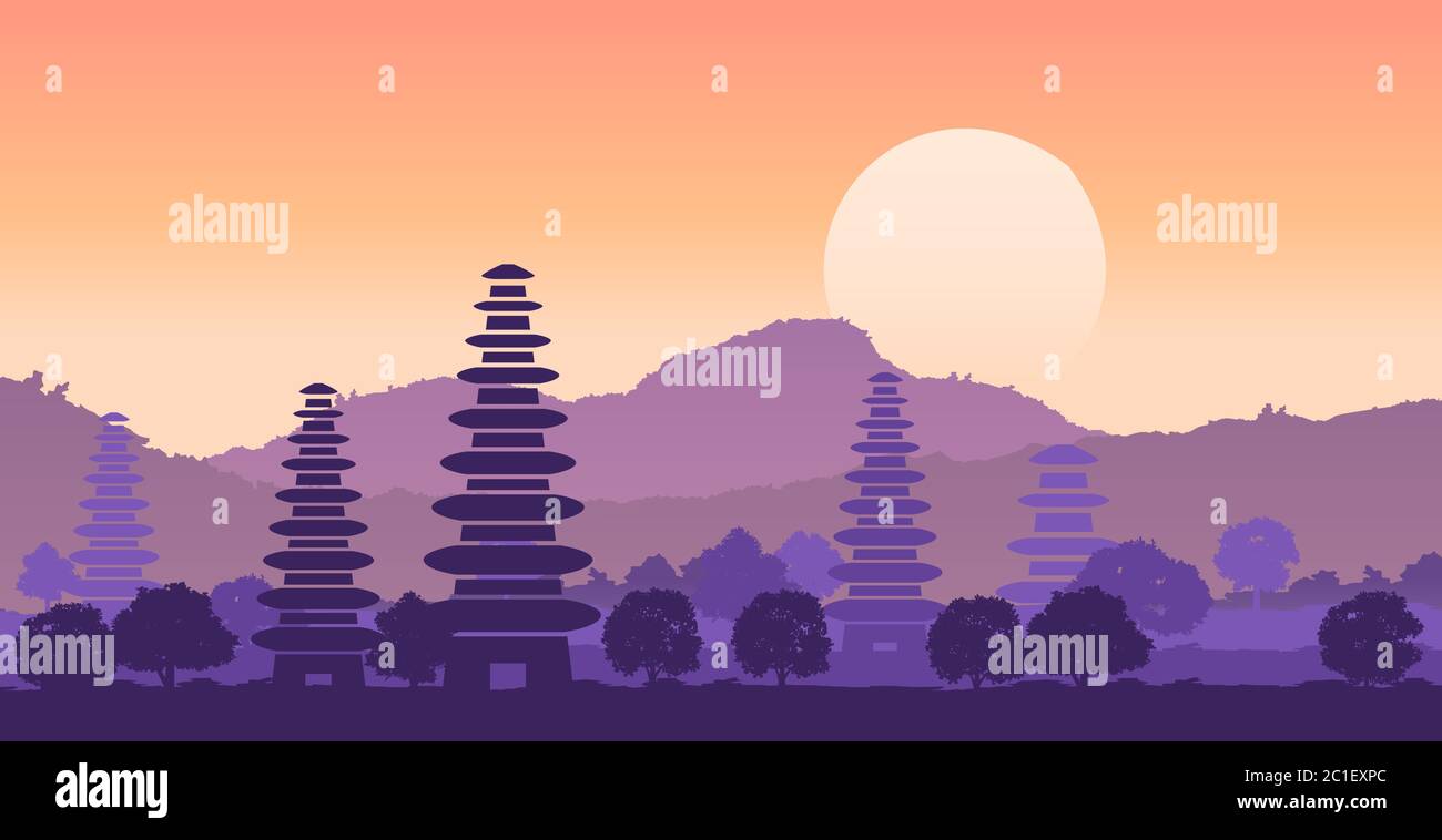 Pura ulan danu famosa pagoda dell'Indonesia nell'isola di bali in silhouette design, illustrazione vettoriale Illustrazione Vettoriale