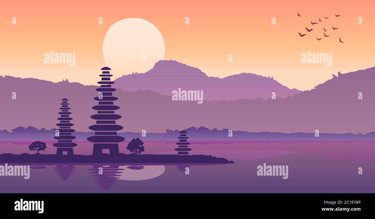 Pura ulan danu famosa pagoda dell'Indonesia nell'isola di bali in silhouette design, illustrazione vettoriale Illustrazione Vettoriale
