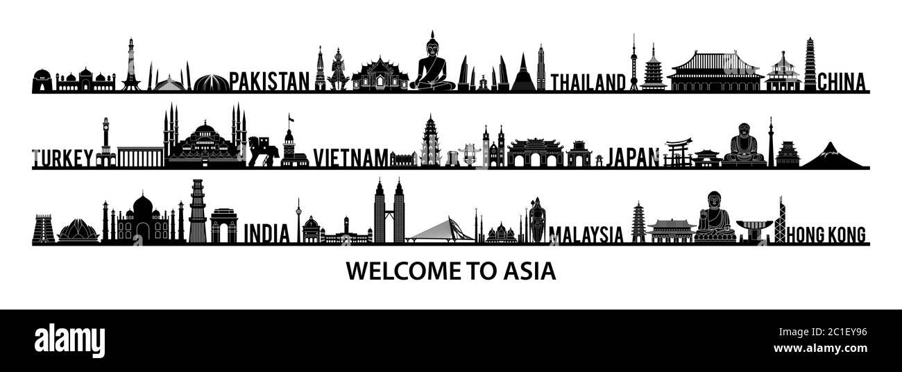 Collezione di famosi punti di riferimento dello stile asiatico con colori in bianco e nero, illustrazione vettoriale Illustrazione Vettoriale