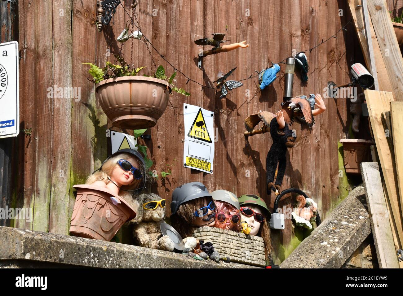 Teste scartate, giocattoli e bambole smembrate decorano la recinzione di un giardino nella piccola città di Frome nel Somerset Foto Stock