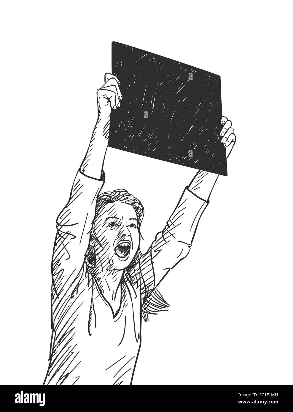 Donna con bandiera nera quadrata sta urlando durante la protesta. Schizzo vettoriale, illustrazione disegnata a mano Illustrazione Vettoriale