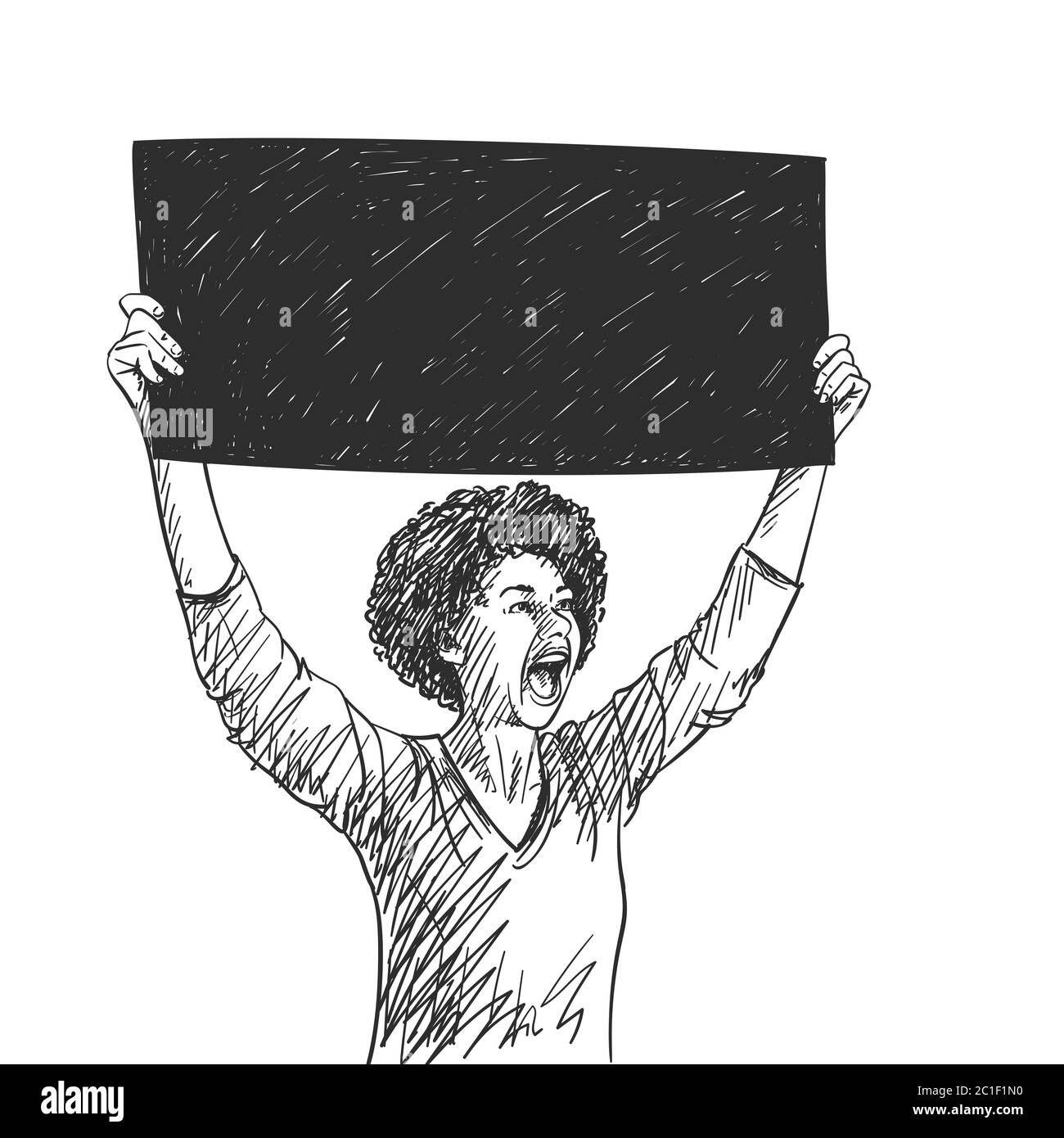 Donna afro-americana con bandiera nera urla durante la protesta. Schizzo vettoriale, illustrazione disegnata a mano Illustrazione Vettoriale