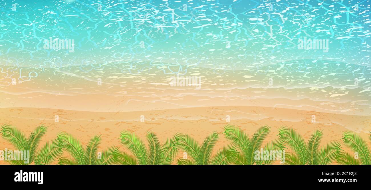 Vista estiva sulla spiaggia con onde e schiuma. Illustrazione Vettoriale