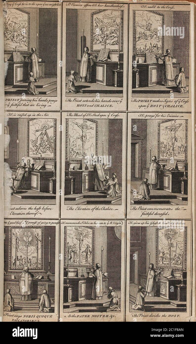 Antica incisione dei sacramenti cristiani. Culto cattolico. XIX secolo Foto Stock