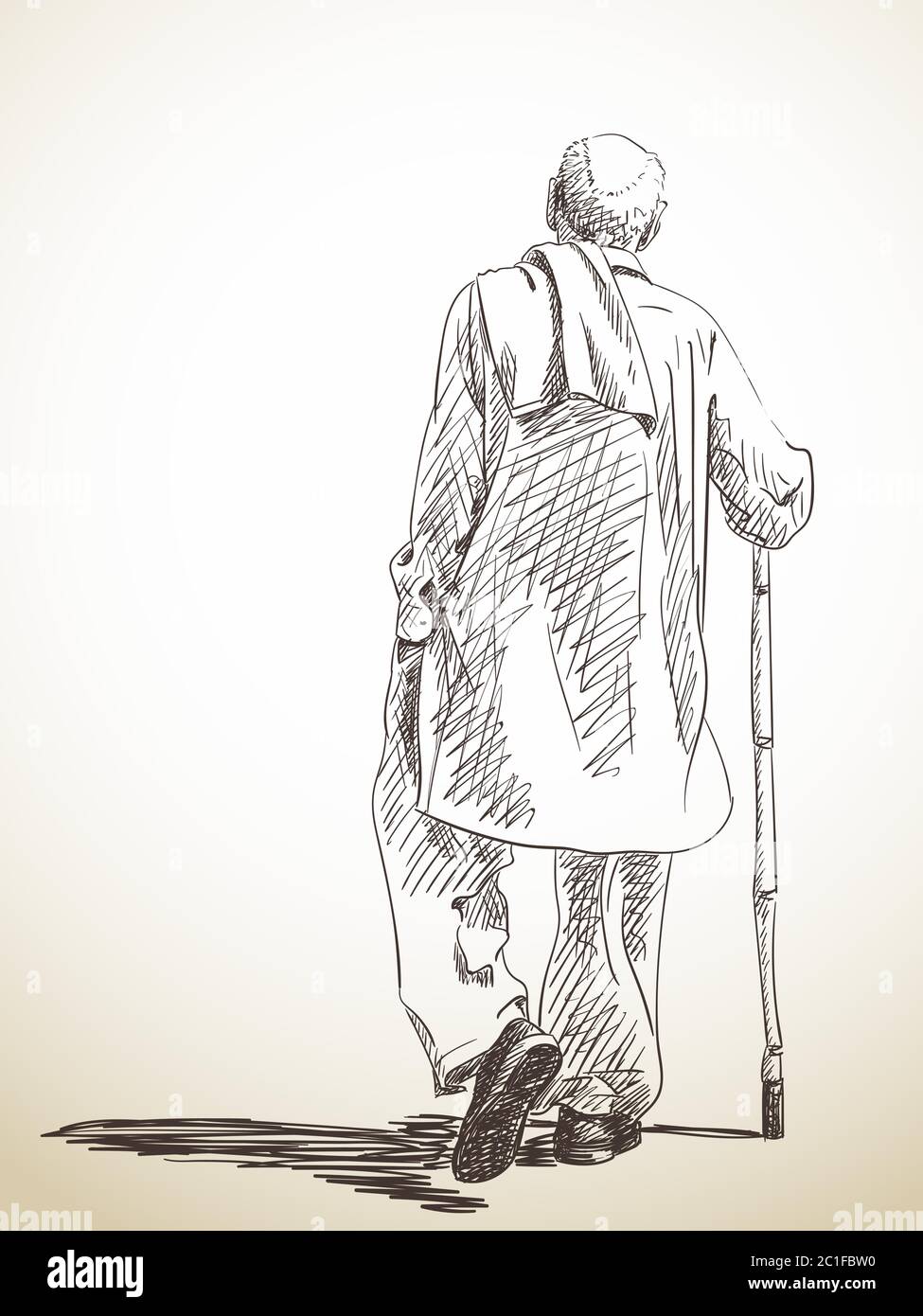 Disegno di uomo vecchio camminando, illustrazione disegnata a mano Illustrazione Vettoriale