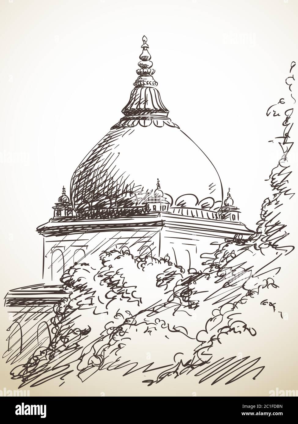 Disegno del tempio dietro l'albero, illustrazione disegnata a mano Illustrazione Vettoriale