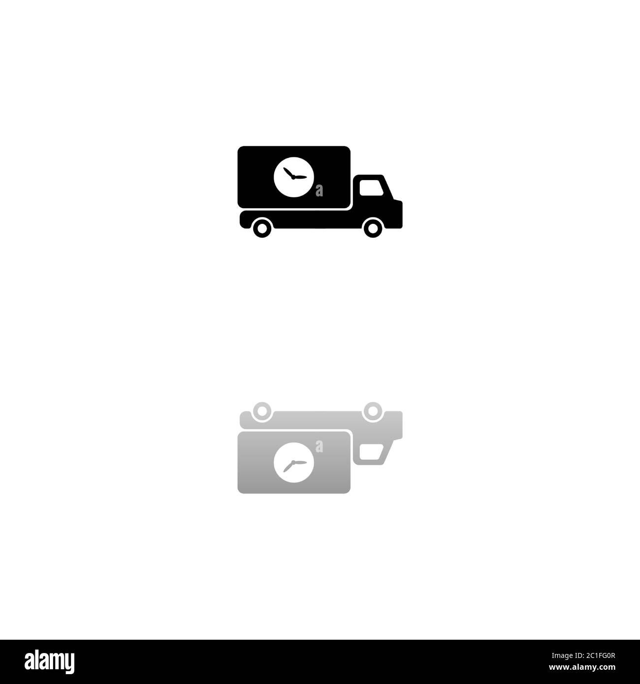 Tempo di consegna. Simbolo nero su sfondo bianco. Illustrazione semplice. Icona vettore piatto. Specchia ombra di riflessione. Può essere utilizzato in logo, Web, dispositivi mobili e. Illustrazione Vettoriale