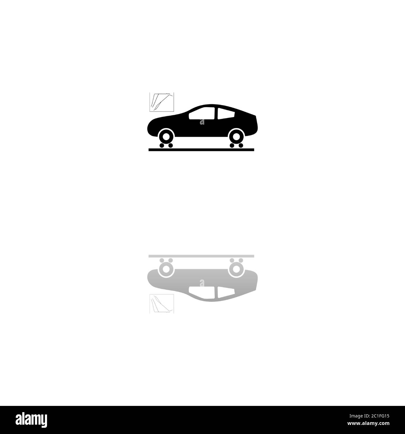 Diagnostica auto. Simbolo nero su sfondo bianco. Illustrazione semplice. Icona vettore piatto. Specchia ombra di riflessione. Può essere utilizzato in logo, Web, cellulare A. Illustrazione Vettoriale