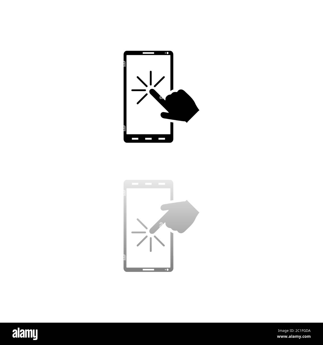 Schermo a sfioramento. Simbolo nero su sfondo bianco. Illustrazione semplice. Icona vettore piatto. Specchia ombra di riflessione. Può essere utilizzato in logo, Web, dispositivi mobili e. Illustrazione Vettoriale