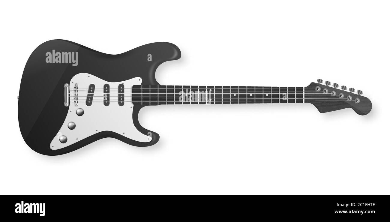 Vector 3d realistico Bianco e nero Classico Vecchio retro Electro chitarra icona di legno Closeup isolato su sfondo bianco. Modello di progetto, Mockup Illustrazione Vettoriale