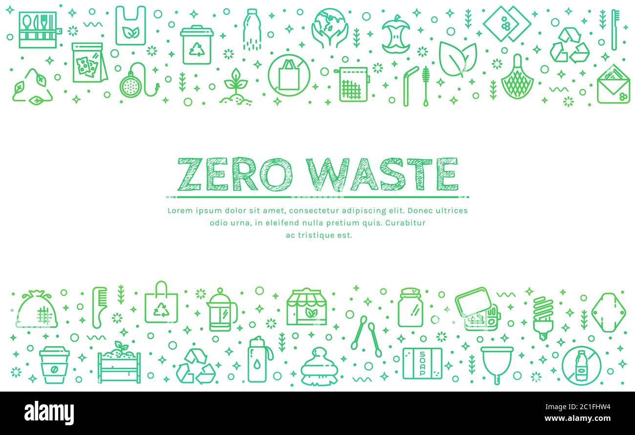 Banner di zero scarti. Riciclaggio, articoli riutilizzabili, senza plastica, salvare i temi Planet e eco-lifestyle. Sfondo orizzontale vettoriale con posizione per il testo Illustrazione Vettoriale