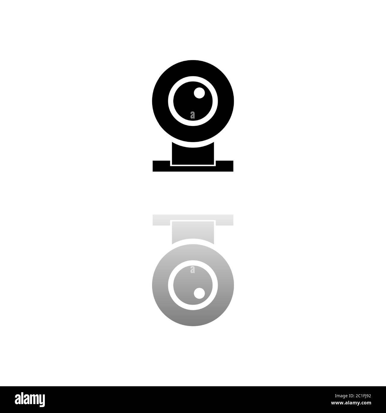 Webcam. Simbolo nero su sfondo bianco. Illustrazione semplice. Icona vettore piatto. Specchia ombra di riflessione. Può essere utilizzato in logo, Web, dispositivi mobili e interfaccia utente Illustrazione Vettoriale